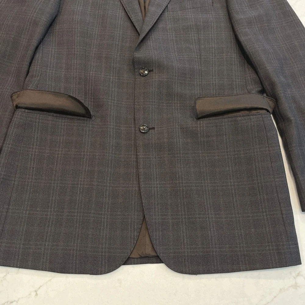 Saks Fifth Avenue BLACK Ermenegildo Zegna Suit Mens 40 Brown Plaid Wool Slim Fit
